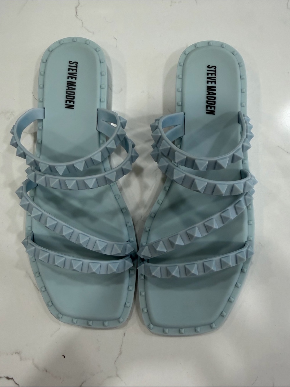 Steve Madden Pale Blue Studded Multi-Strap Slide Sandals